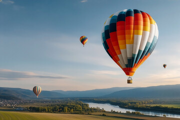Obraz premium Colorful hot air balloons floating over scenic valley during sunrise with clear sky and distant mountains