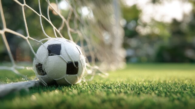 Soccer ball strikes the back of a white net on a vibrant green soccer field during a sunny day