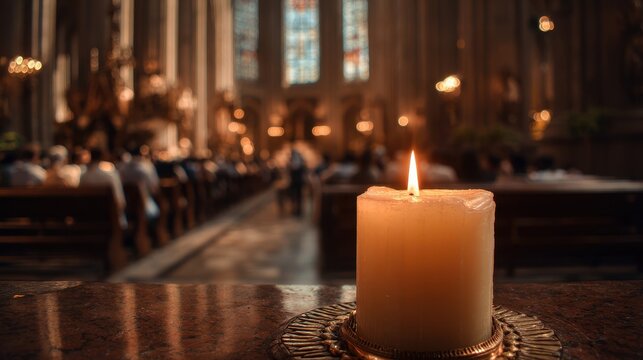 Candle casting warm light in cathedral during All Saints Day celebration with worshippers present and stained glass illuminating the scene