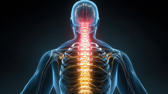 Detailed view of spine anatomy highlighting nerve pathways and massage techniques for relaxation and health improvement