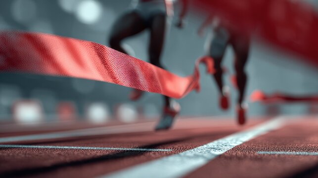 Runner crosses the finish line during an intense race at a sports event in a vibrant stadium setting on a sunny day - Powered by Adobe