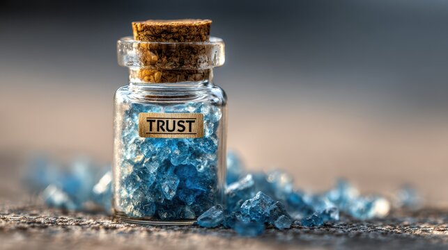 Small glass vial filled with blue crystals labeled with the word Trust on a surface surrounded by scattered crystals during daylight