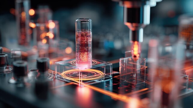 Innovative bioengineering design showcased in a biotech lab with advanced technology and intricate glassware during a focused research session