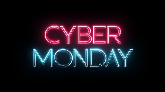 Cyber Monday deals glow in neon pink and blue against black background for online retail sales promotion events