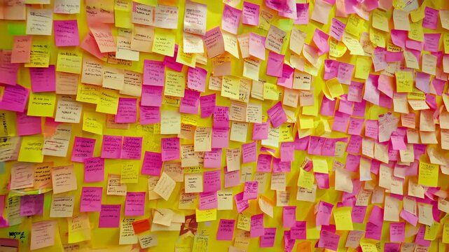 Dense collage of multicolored sticky notes filled with scribbles suggests hackathons, design thinking, and rapid ideation&mdash;an energetic texture for innovation and business strategy themes.