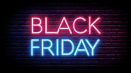 Get ready for awesome Black Friday deals with this vibrant neon sign on a brick wall background, advertising seasonal sales