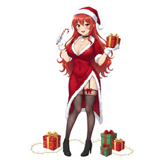 A cute child in a anime-style cartoon Christmas costume, happy for Christmas. Transparent background.