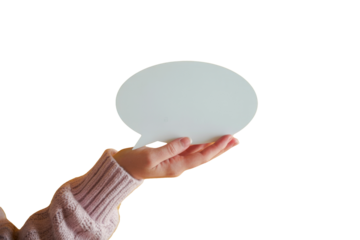 speech bubble held in hand on white background.