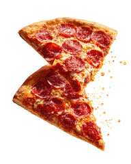 Two pizza slices stacked, pepperoni, cheese, crispy crust