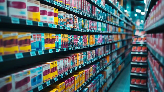 A perspective shot of store shelves filled with colorful products, blurred background