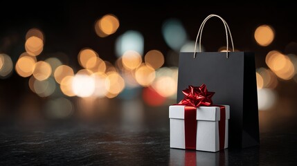 Elegant gift box with red ribbon and black shopping bag for celebratory occasions with bokeh lights backdrop