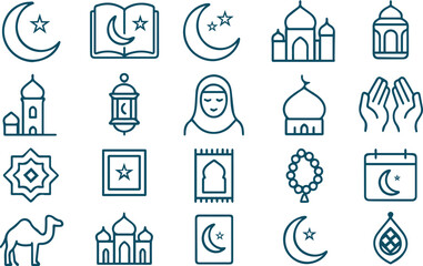 Islamic icons representing Ramadan, Eid al-Fitr, and other cultural and religious events, including mosques, crescent moons, prayer beads, and lanterns