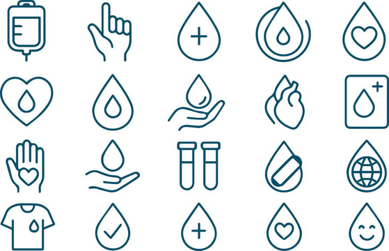 A comprehensive collection of blood donation and healthcare icons, featuring symbolic representations of giving blood, medical treatments, and life-saving gestures