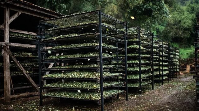 Medium shot of expandable batch redrying racks demonstrating multiple tier adjustments with leaves drying in a rustic farm environment.