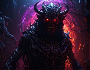 Sinister demonic creature with horns and glowing red eyes