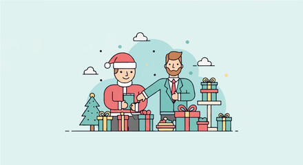 Illustration depicting two men in festive attire exchanging gifts amidst a backdrop of Christmas trees and presents, embodying the spirit of holiday generosity and celebration