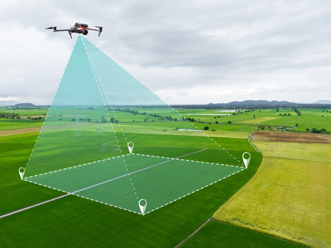Drone Gps positioning system, Aerial view land plot. Land Surveying property location, Drone mapping