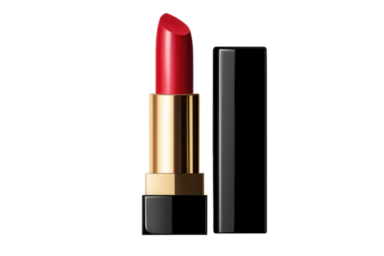 Women open lipstick in bright red shade with a sleek black casing on a simple background, showcasing beauty and elegance for makeup enthusiasts
