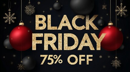 Stunning Black Friday 75% Off sale with festive ornaments and snowflakes, creating an elegant holiday shopping atmosphere.