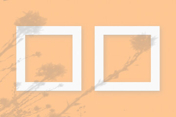 Natural light casts shadows from wildflowers on 2 square white frames lying on an orange background. Mockup