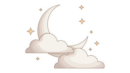 Dreamy Night Sky: Delicate crescent moon and fluffy clouds are dancing in a serene and dreamy night sky, with a scattering of twinkling stars.