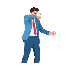 Fototapeta premium Businessman sneezing into elbow while wearing suit in office setting 
