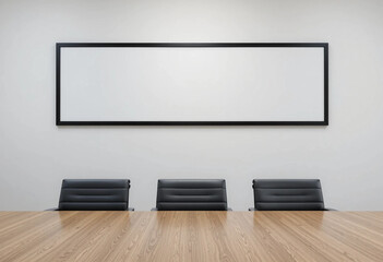 Empty white blank long horizontal rectangle frame, mockup artwork or picture frames, hanging on clean plain wall above three black chairs and wooden table in meeting room.