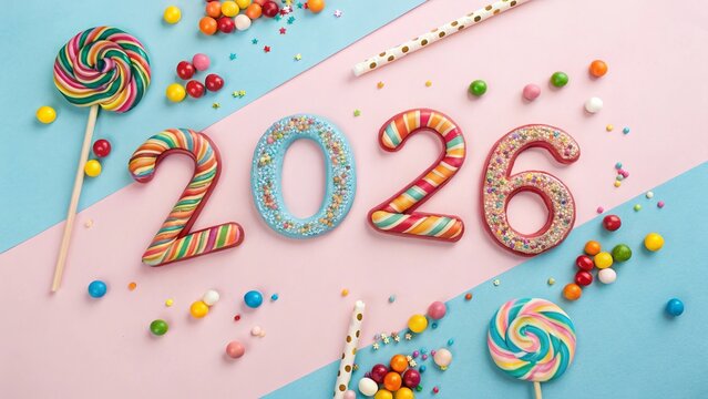 Candy-Inspired Festive Numbers with Colorful Sweets on Pastel Background