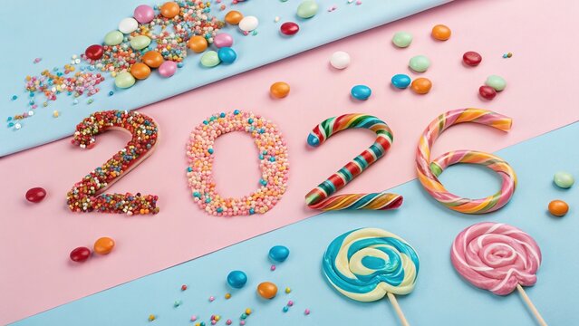 Candy-Inspired Festive Numbers with Colorful Sweets on Pastel Background