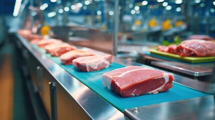 Fresh cuts of pork on a conveyor belt in a modern meat processing facility