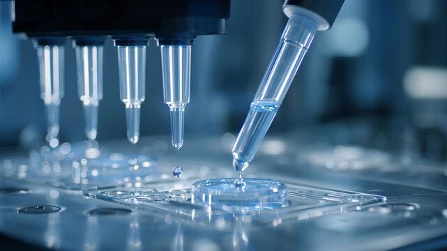 Close-up precision controlled reagent flow over molecular tumor diagnostic platform, elegant documentary clinical, precision oncology lab