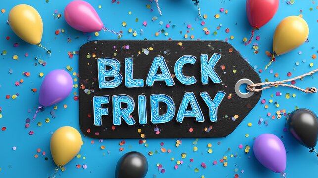 Celebrate massive Black Friday savings with vibrant balloons and festive confetti, perfect for your next sale campaign!