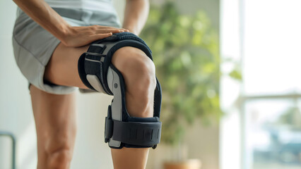 Woman wearing orthopedic knee brace, injury recovery, physiotherapy at home, leg joint support, medical equipment for rehabilitation.