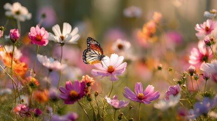 Colorful cosmos flower field with a butterfly resting on a bloom during a sunny afternoon in a serene meadow