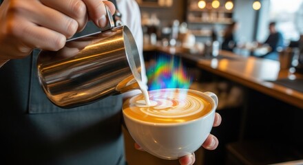 A barista pouring milk into a cup of coffee with a rainbow-colored froth.