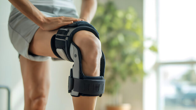 Woman wearing orthopedic knee brace, injury recovery, physiotherapy at home, leg joint support, medical equipment for rehabilitation.