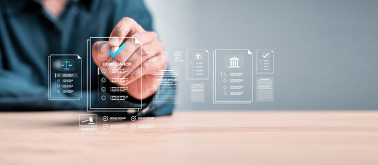 Compliance in business concept. Laws concept. Enforce laws, regulations and standards. requirements, audit diagram on virtual screen.