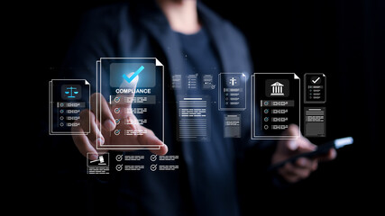 Compliance in business concept. Laws concept. Enforce laws, regulations and standards. requirements, audit diagram on virtual screen.