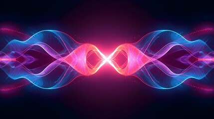 Vibrant abstract waves of glowing blue and pink light intertwine symmetrically, forming an energetic