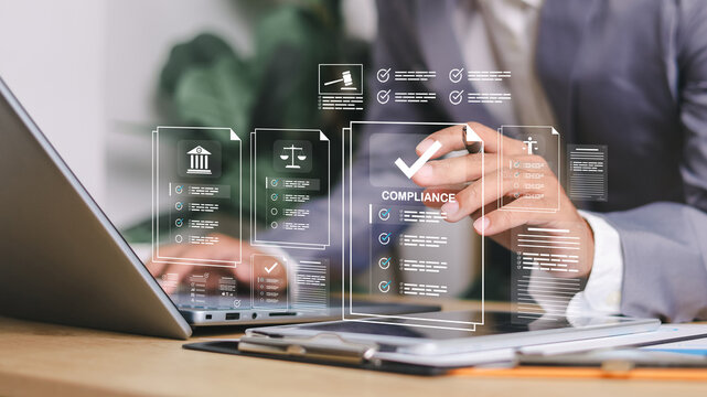 Compliance in business concept. Laws concept. Enforce laws, regulations and standards. requirements, audit diagram on virtual screen.