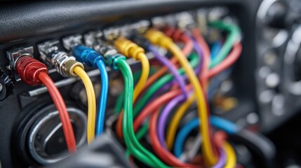 Close-up view of multicolored wires connected in automotive wiring system showcasing intricate details and vibrant colors in a vehicle dashboard setting