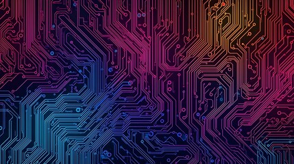 Futuristic neon circuit board glowing in blue, pink, and purple tones,