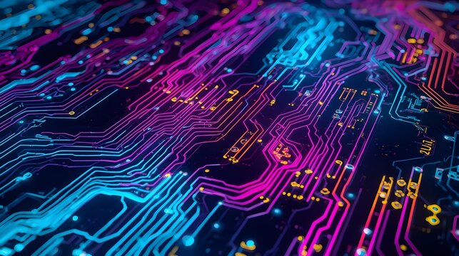 Futuristic neon circuit board glowing in blue, pink, and purple tones, - Powered by Adobe