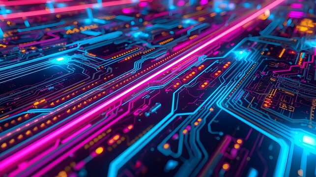 Futuristic neon circuit board glowing in blue, pink, and purple tones,