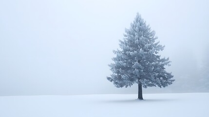 Snowy pine tree in mist landscape high resolution picture