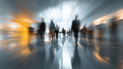 Fast paced atmosphere of a busy business hub with blurred figures moving swiftly through a modern urban space during peak hours
