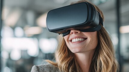 Smiling woman experiences virtual reality in modern office setting, enjoying immersive digital adventure while wearing blue VR headset during work hours