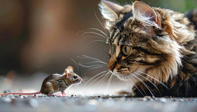 Curious cat observes small mouse with intense focus outdoors.