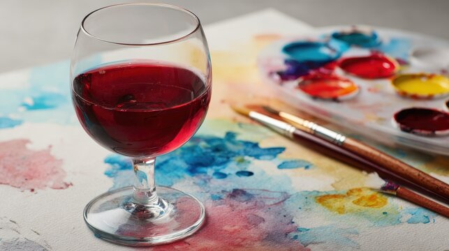Colorful paint and sip watercolor mixed media canvas featuring vibrant hues and a glass of red wine on a creative workspace