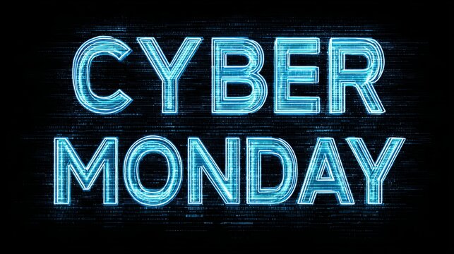 Dynamic Cyber Monday neon text glows with futuristic blue energy on a digital data background for promotions